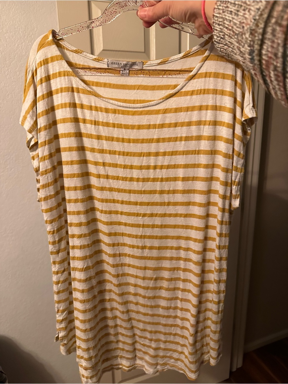 Green Envelope White and Mustard Stripe Scoop Neck T shirt